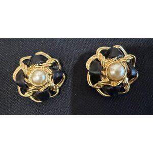 Joan Rivers Earrings Gold & Black Faux Leather  Pearl Clip On